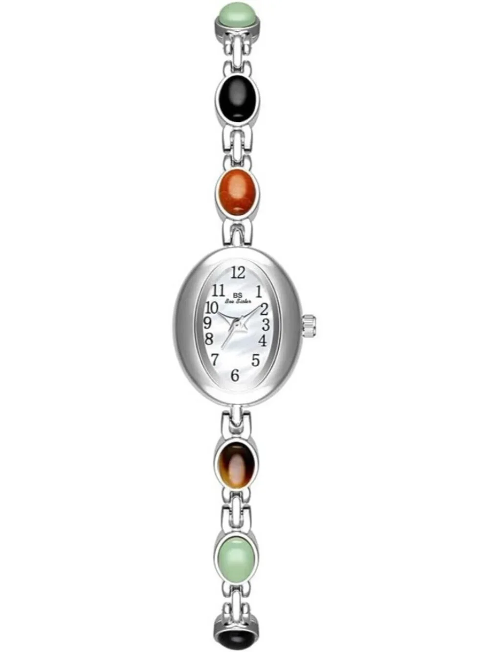 Women's Silver Black Analog Quartz Waterproof Oval Dainty Vintage Bracelet Watch